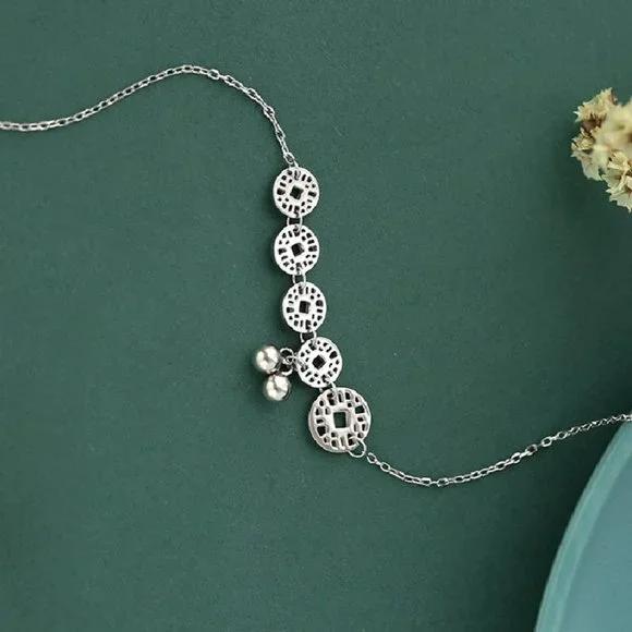 "925 Silver Plated Round Coin Dangle Tassel Anklet, - Picture 5 of 7